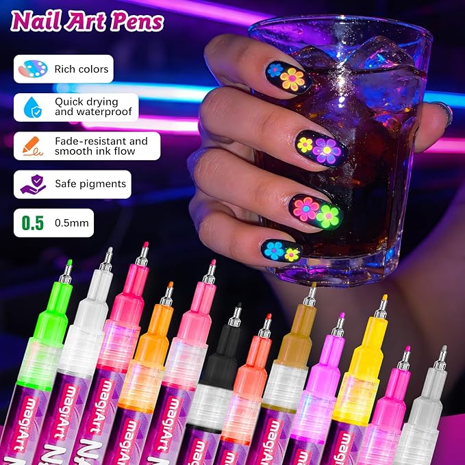Fluorescent Nail Art Pens, 12 Color 0.5 MM Glow In The Dark Neon Nail Polish Pens Set Drawing Point Painting Liner Painted Pen Kit, Waterproof Nail for DIY Design Manicure Tools