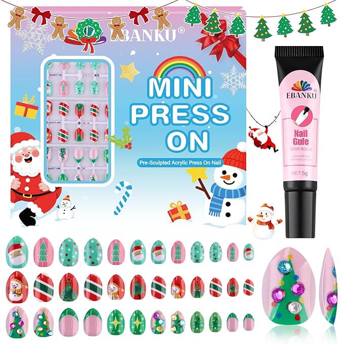 EBANKU Christmas Kid Press on Nails, 72Pcs Almond Fake Nails Kit Full Cover Christmas Tree Design Stick on Nail with Nail Glue for Girl