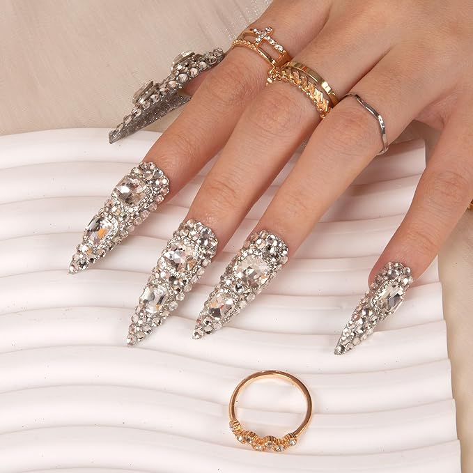 LOVFUL Press on Nails Silver Majesty | Handmade with Full Covered Crystals | Reusable Full Cover Nails | Stiletto Mid Length 1.7 in | H212-L
