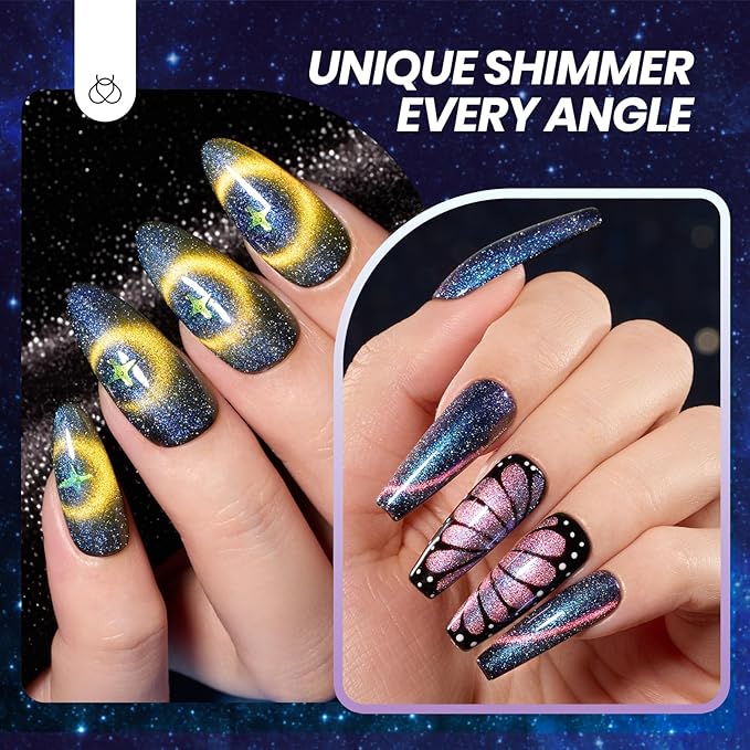 Beetles Cat Eye Gel Nail Polish Set - 6 Colors Chameleon Cat Eye Black Glitter Blue Pueple Pink Red Gel Polish with Magnet Soak Off UV Velvet Gel Galaxy Glitter Collection Salon Gift for Women