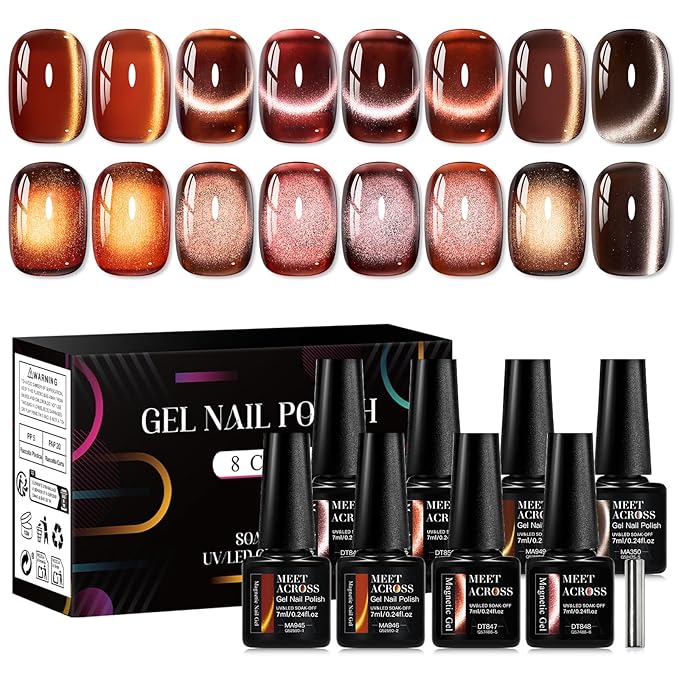 MEET ACROSS 9Pcs Glitter Cat Eye Gel Nail Polish Set Amber Brown Magnetic Cat Eye Gel Polish with Magnet, Brown Series Fall Winter Manicure Salon Gift for Women