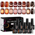 MEET ACROSS 9Pcs Glitter Cat Eye Gel Nail Polish Set Amber Brown Magnetic Cat Eye Gel Polish with Magnet, Brown Series Fall Winter Manicure Salon Gift for Women