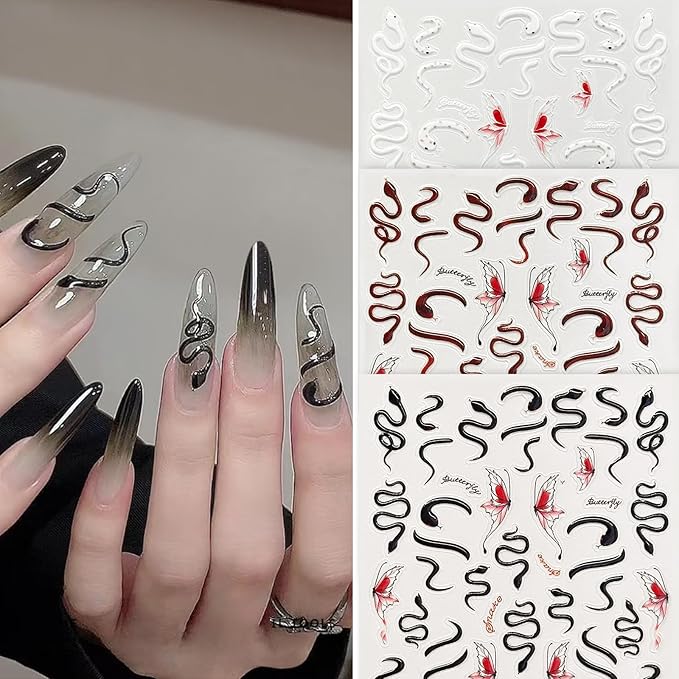 3 Sheets Snake Nail Art Stickers 3D Self-Adhesive Snake Sun Star Pattern Decals Starlight Nail Design Stickers Supplies for Women Girls Manicure Art Decoration 931-17