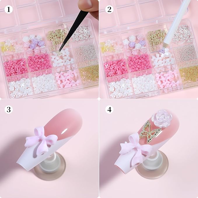 3D Nail Charms and Gems Kit Cute Colorful Flower Nail Charms Nail Beads Butterfly with Picker Tools Kawaii Nail Art Charms for Nails Design Supplies Junk Cases DIY Decor Accessories