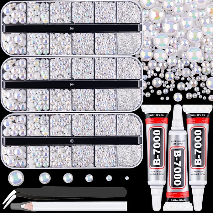 Flatback Pearls for Crafting with 3Pcs 10ml B7000 Jewelry Glue, 3 Boxes of Half Round White AB Pearls, Bedazzling Beads for DIY Crafts Clothing Tumblers Shoes Embellishment Nail Art