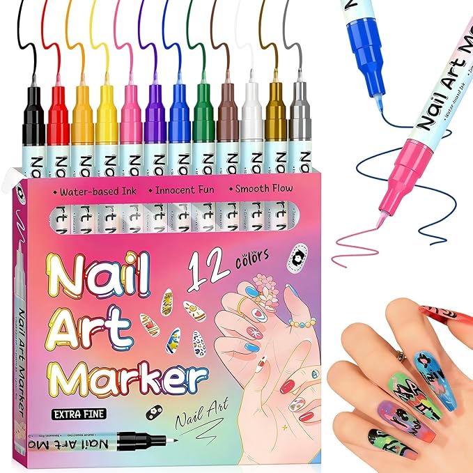 12 Colors Nail Art Pens Set,2026 New Nail Art Markers Doodle Pen for Kids Adults,Drawing Painting Liner Brush for DIY Nail Art Beauty Adorn Manicure Tool(1Set)
