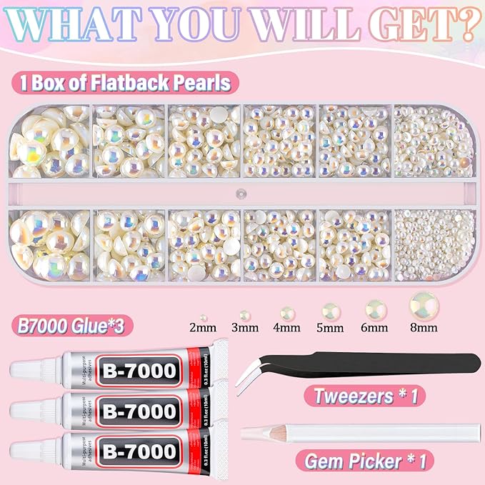 Flatback Pearls for Crafting with 3Pcs 10ml B7000 Jewelry Glue, 1 Box of Half Round Beige AB Pearls, Bedazzling Beads for DIY Crafts Clothing Tumblers Shoes Embellishment Nail Art
