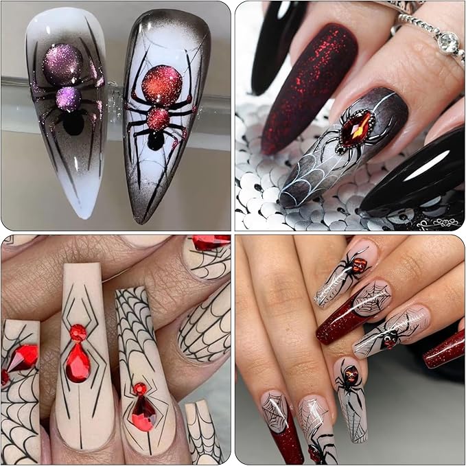 Halloween Spider Nail Stickers, Embossed Horror Eyeball 5D Self-Adhesive Nail Art Decals for DIY Colorful Spider Manicure (2 Sheets)