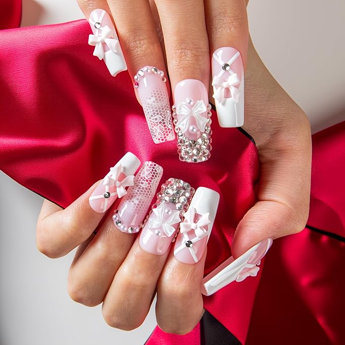 LOVFUL Short French Tip Press on Nails Ribbon Dream | Handmade Acrylic Press ons| Reusable Fake False Nails | Square Classic Regular 1.3in | H720-S