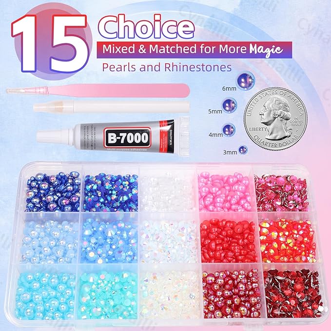 15 Grids Pearls and Resin Rhinestones for Crafting, Red Blue White Bedazzling Gems Kit, Jelly Resin Rhinestones Pearls for Nails Face Eyes Makeup Crafts Tumblers Bottles