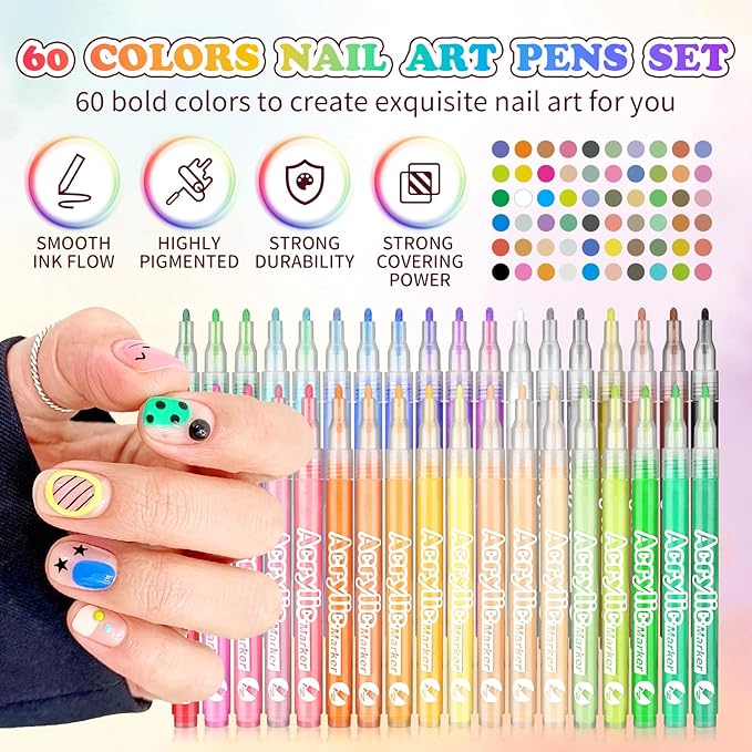 60 Colors Nail Art Pen Set,3D Acrylic Nails Art Markers Pens,Quick Dry Nail Doodle Pens for Home & Salon DIY Nail Art （1.0 mm Pen Nib）