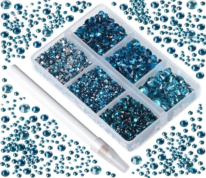 Bymitel 5000 Pieces 6 Mixed Sizes Glue Fix on Glass Rhinestones Round Crystal Gems Flatback for DIY Jewelry Making with one Picking Pen (6-Sizes 5000PCS, Blue Zircon)