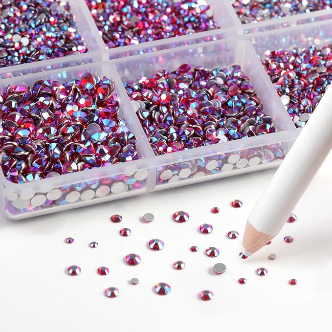 Beadsland 7200pcs Flatback Rhinestones, Light Red AB Rhinestone Nail Gems Round Crystal Rhinestones for Crafts,Mixed 6 Sizes with Wax Pencil Kit, SS3-SS10, Light Siam AB