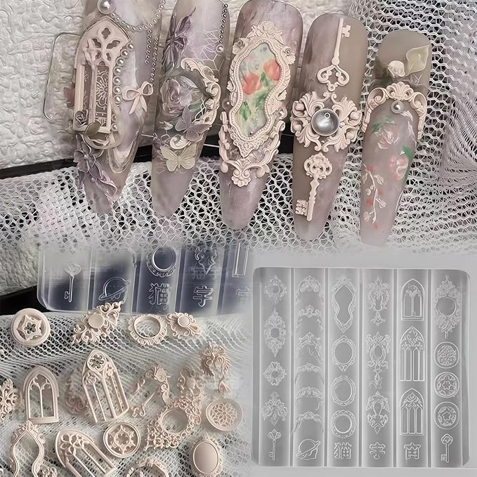 Nail Art Molds Kit - Cathedral Window & Patterned Key Designs DIY Gemstone Resin Embossed Nails Personalized Handmade Manicure Tools