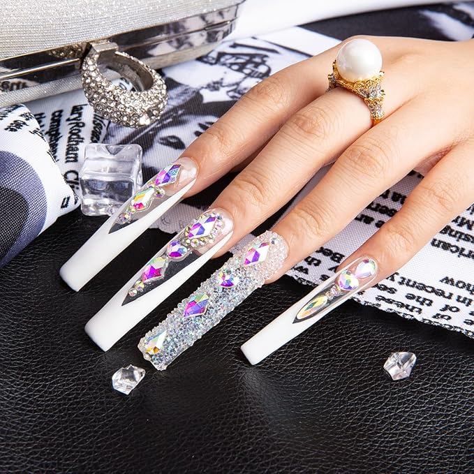LOVFUL Press on Nails Candy Diamonds & White French Tip | Luxury Spring French Tip Glossy Press On Nails with Bling | Square Long 2.2 in | H36 (L)