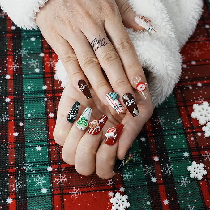Christmas Press on Nails Medium Coffin Colorful Fake Nails with Cute 3D Elk Santa Claus Xmas Trees Candy Canes Design Winter Handmade Acrylic Nails for New Year (Holiday Gifts,S)