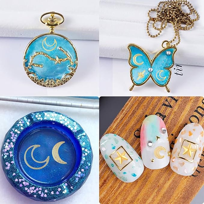 OLYCRAFT 1800Pcs Star Moon Resin Fillers Cosmos Theme Brass Charms Cabochons Hollow Moon Epoxy Resin Accessories Alloy Epoxy Resins Supplies Nail Art Decoration - Golden & Sliver