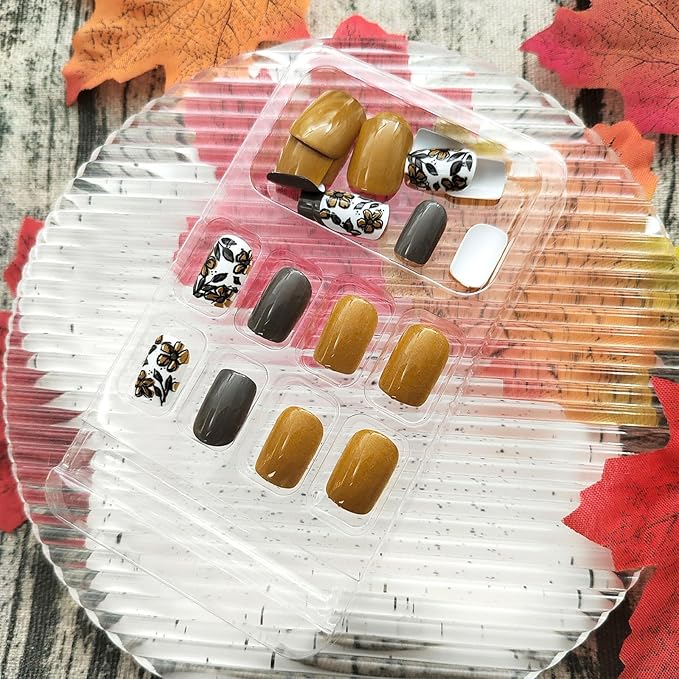 Fall Press on Nails Short Square Fake Nails with Floral Designs Yellow Nails Press ons Grey Acrylic Nails Glossy Glue on Nails Fall Flower Leaves Artificial Stick on Nails for Women Girls 24 Pcs