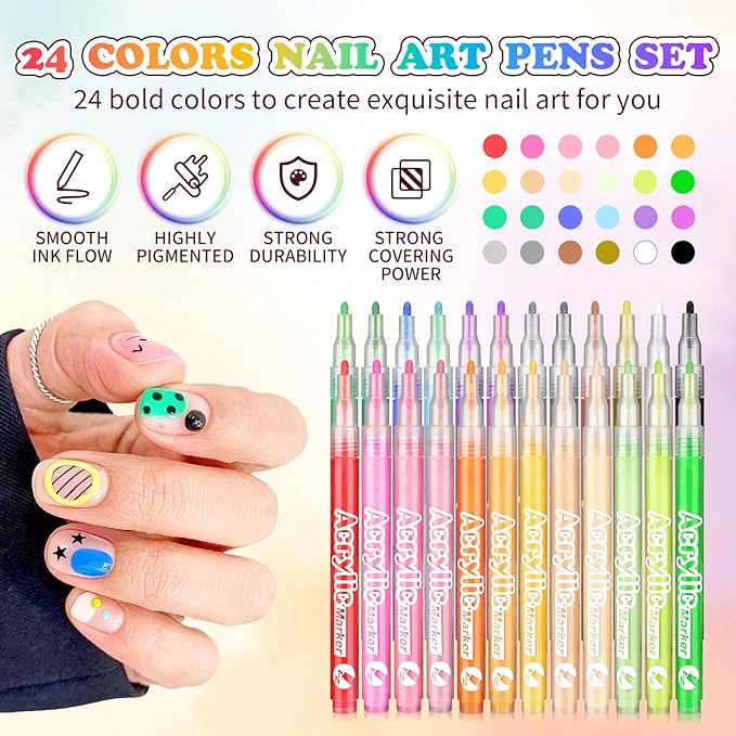 24 Colors Nail Art Pen Set,3D Acrylic Nails Art Markers Pens,Quick Dry Nail Doodle Pens for Home & Salon DIY Nail Art （1.0 mm Pen Nib）