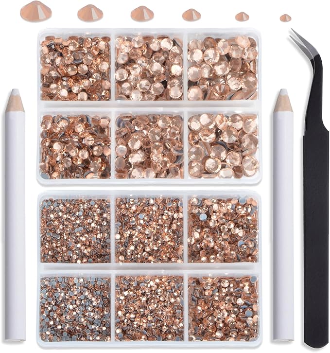 NCB Hotfix Iron on 8000pcs Crystal Rhinestones Round Gem for Crafts Decoration DIY Jewelry Making with a Tweezers and 2 Picking pens (Golden Champagne, 6Sizes SS4-SS30)