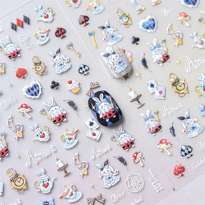 Dedyel Cute Nail Stickers 5D Embossed Cartoon Bunny Kawaii Animal Self-Adhesive Nail Decals for Women Girls Kids Nail Art Decoration