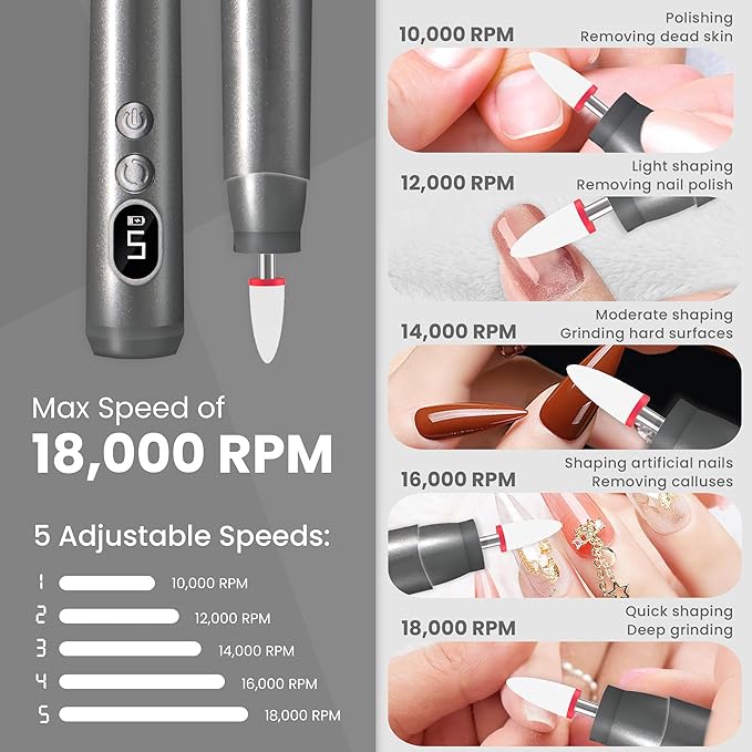 Cordless Electric Nail Drill Kit, Portable Rechargeable Nail Drill Set, Battery Electric Nail File, 5 Speeds Modes, LED Lighting, Reversible Direction, DIY, Professional (Grey)