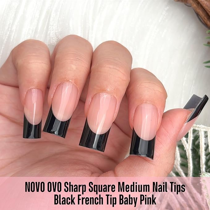 NOVO OVO Soft Gel Nail Tips Square Medium - Black French Tip on Baby Pink Base, 180Pcs Full Cover False Nails for Gel X Extension, Sharp Shape Pre-Designed Press on Nails for DIY Home Salon (15 Sizes)