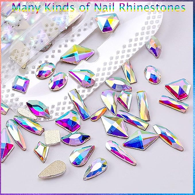 Nail Rhinestones Kit, 18 Types of 900 Special-Shaped Nail AB Diamonds & 3200 Flat-Bottomed Nail Rhinestones, 3D Nail Crystal DIY Gemstones for Nail Art Design