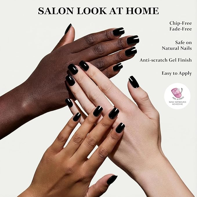 Black Gothic Press On Nails Short - No Glue Square Acrylic Fake Nails, Chip-Free Breathable Fit with Nail File for Beginners, 24 Nails in 12 Sizes