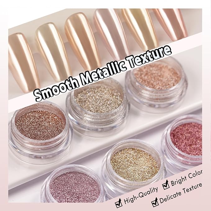 Nail Chrome Powder Metallic Mirror Pigment Rubbing Dust Glitter for Manicure Nail Art Decoration Bronze Rose Gold 6 Colors Kit 0.5g/Jar (TR 6Pcs Set-02)