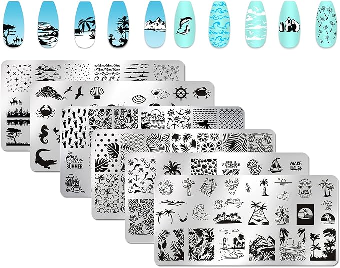 6pcs Seaside Scenery Nail Stamping Plate Nail Stamping Kit for Nails Summer Beach Coconut Trees Sunset Waves Sea Animals Image Plates Nail Stamper Kit