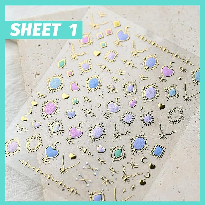 Holographic Heart Nail Art Stickers, Aurora Nail Decals, Self-Adhesive, Golden Nail Accessories for Women, Nail Decorations 3 Sheets