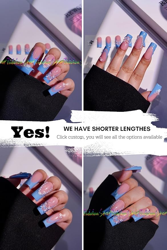 HAND-PAINTED White Press Ons Neon Small Press on Nails Long French Press on Nails Coffin Medium Short Nail art Fake Nail Art Kit with 7g Glue on Nails Handmade Almond Square Nails (TJ57, Small)