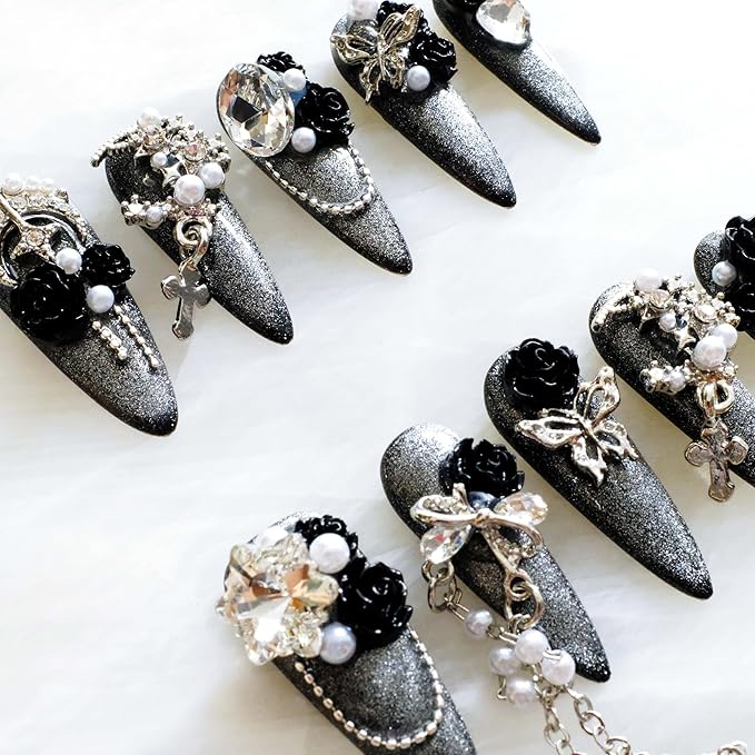 Luxury Long Stiletto Press-On Nails, 3D Black Roses with Silver Glitter, Pearl and Rhinestone Decorations, Handmade False Nail 10 Pieces (Medium, LS)
