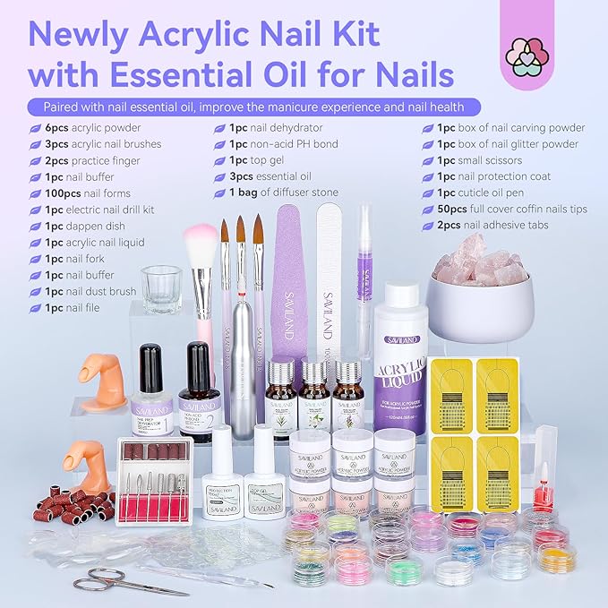 SAVILAND Professional Acrylic Nail Kit with Drill: 6 Colors Acrylic Powder & Liquid Beginner's Starter Set with Essential Oil Nail Primer Dehydrator Nail Tools DIY Home Manicure Christmas Gift