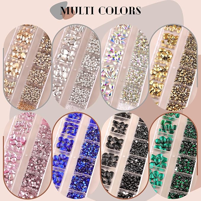 1680Pcs Mineral Gold Glass Nail Rhinestones 180Pcs Multi Shapes Flatback Nail Gems + 1500Pcs 1.5-4mm Round Crystal, Manicure Nail Charms Diamond Gemstones for Acrylic Nails Decoration