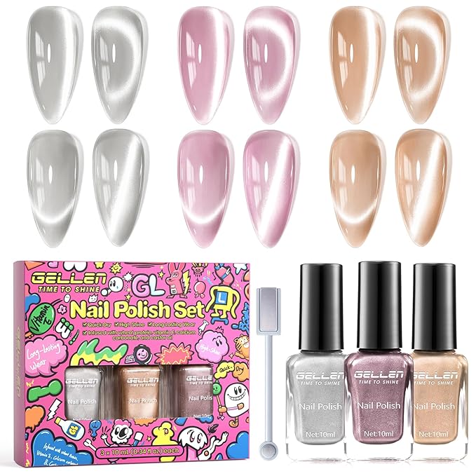 GELLEN Quick Dry Cat Eye Nail Polish Kit, Pink Silver Champagne Magnetic Fingernail Polish, Fast Drying Glitter Nail Lacquer Non Gel with Magnet Tool, DIY Salon Home