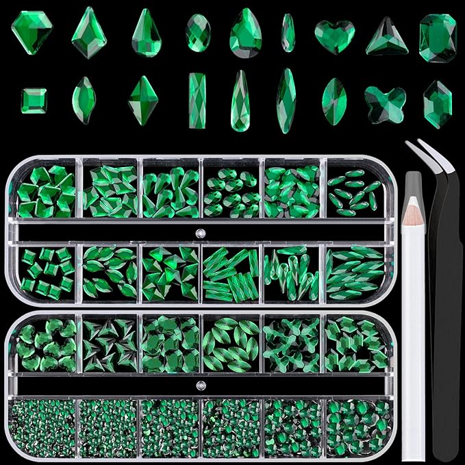 18 Styles Multi-Shaped Glass Gemstones for Nails and 6 Sizes Round Crystal Rhinestones Kit #6, Dark Green Nail Art Charm Bead Manicure Decoration with Pickup Pencil and Tweezer