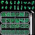 18 Styles Multi-Shaped Glass Gemstones for Nails and 6 Sizes Round Crystal Rhinestones Kit #6, Dark Green Nail Art Charm Bead Manicure Decoration with Pickup Pencil and Tweezer