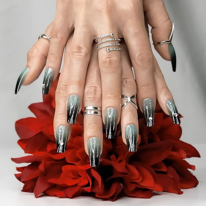 Hypnaughty 24 Pcs LUXE Black and Green Ombre Luxury Rhinestone Coffin Press on Nails with Glitter Design and Glue Long Fake Nails Black and Green Ombre Nails with Glitter and Rhinestones (LUXE)