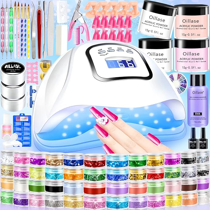 Acrylic Nail Kit Set Professional Acrylic with Everything, 120w LED UV Nail Lamp for Builder Gel, 52 Colors Glitter Acrylic Powder and Monomer Acrylic Nail Liquid for Beginners with Acrylic Brushes