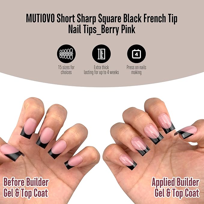 Black French Tip Short Straight Square Nail Tips Press on, BERRY PINK Extra Thick NEED Soft Gel Nail Extension, Need Builder gel & Top,Coat Full Cover False Nails, for DIY x 15 Sizes 150 pcs