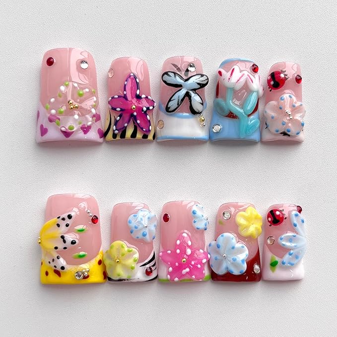 French Tip Press on Nails Handmade Short Duck 3D Flower Thick Acrylic Nails Cute False Nails with Floral Ladybug Butterfly Designs Glossy Fake Nail Sturdy Art Spring Press on Nail 10Pcs(M)