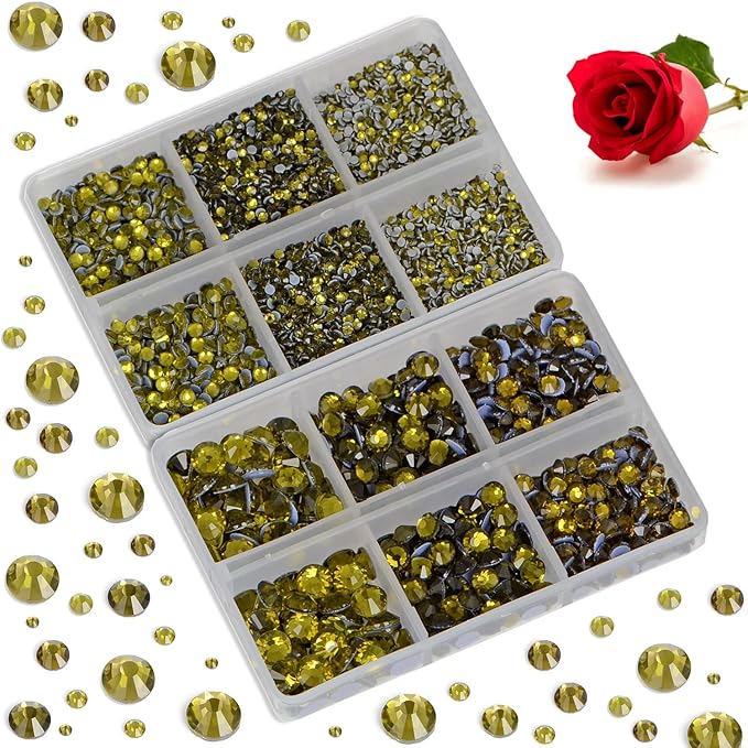 Bymitel Hotfix Crystal Rhinestones Round Gems for Crafts,Mixed 6 Sizes with Wax Pencil Kit, Olivine 1.6-6.3mm SS4-SS30/8000pcs