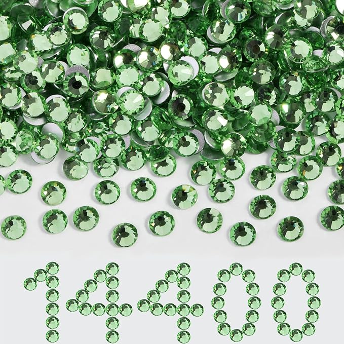 Beadsland Flatback Rhinestones Bulk,14400pcs Green Rhinestones for Nails Crafts Clothes DIY Decoration, Light Green/Peridot, SS10, 2.7-2.9mm