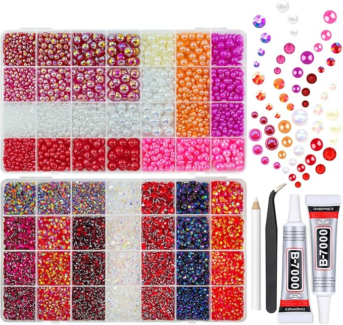 qiiipi 2 Big Boxes Red Resin Pearls and Rhinestones w B7000 Glue for Bedazzling Crafting Flatback Stones Gems Diamonds Half Pearls Bedazzler Kit Charms for Nails Eyes Face Makeup Tumblers DIY Crafts