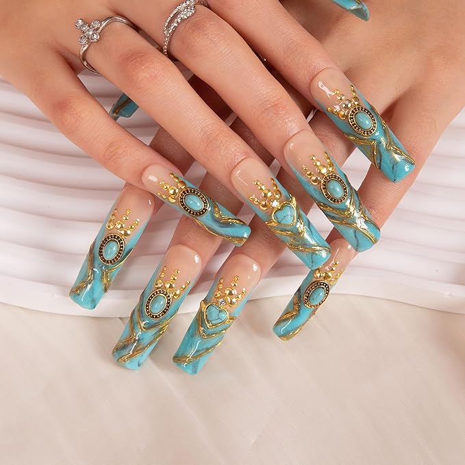 LOVFUL Press on Nails Turquoise Blue French Tip| Handmade with Full Covered Crystals| Reusable Fake Nails| Square Mid length 1.7in| H122-S