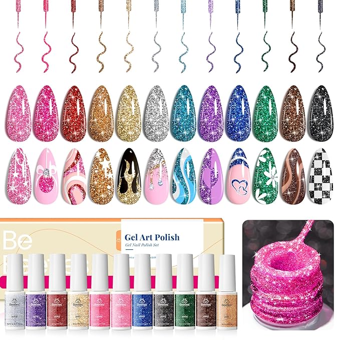 Beetles Nail Art Gel Liner Polish 12 Colors Reflective Glitter Gel Nail Polish, Gold Silver Pink Blue Purple Brown Black Kit Soak Off Uv Nail Art Design Set Summer Manicure Gifts for Women