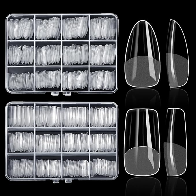 480PCS Nail Tips Clear False Nails Full Cover for Acrylic Fake Nails Kit 12 Sizes 2 Shapes Long Almond Square Pre-Shape for Salon Home DIY Gifts