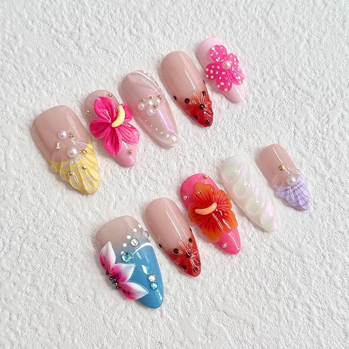 Luxury Press on Nails Medium Almond Handmade 3D Unique Reusable ABS Material Fake Nails French Tip False Nails with Designs Tropical Flower Art Petal Glossy Glue on Nails Thick Acrylic Nails(M)